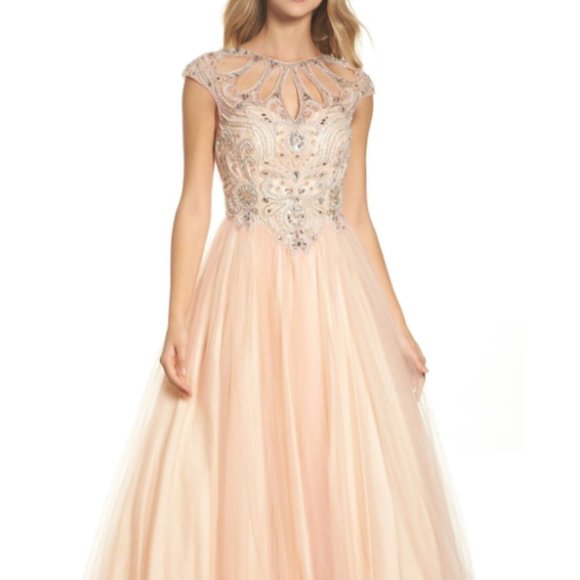 MAC DUGGAL CUTOUT BEADED BODICE BLUSH BALL-GOWN DrESS sz 14 - Picture 2 of 13